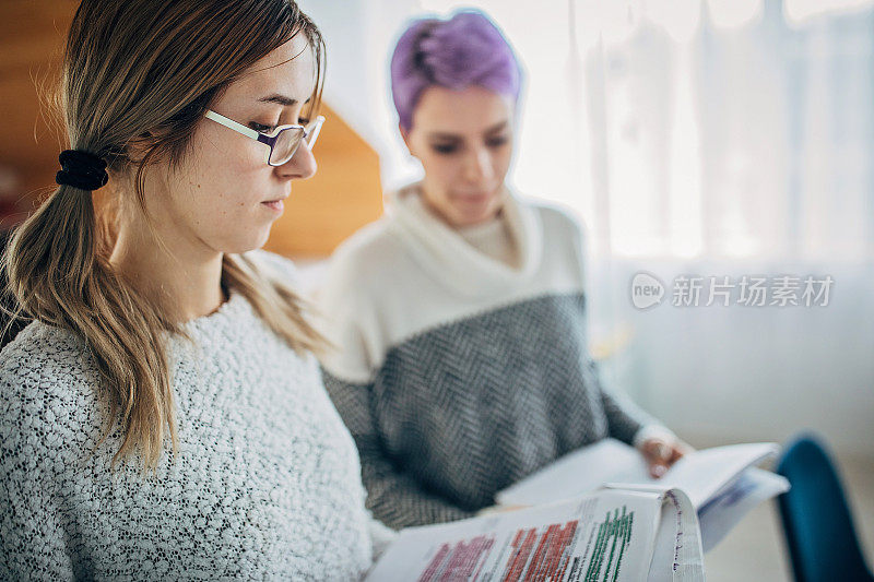 两个年轻的学生在家里学习