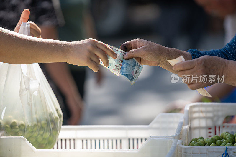 在农贸市场，人们的手互相赠送和索取土耳其里拉的特写照片