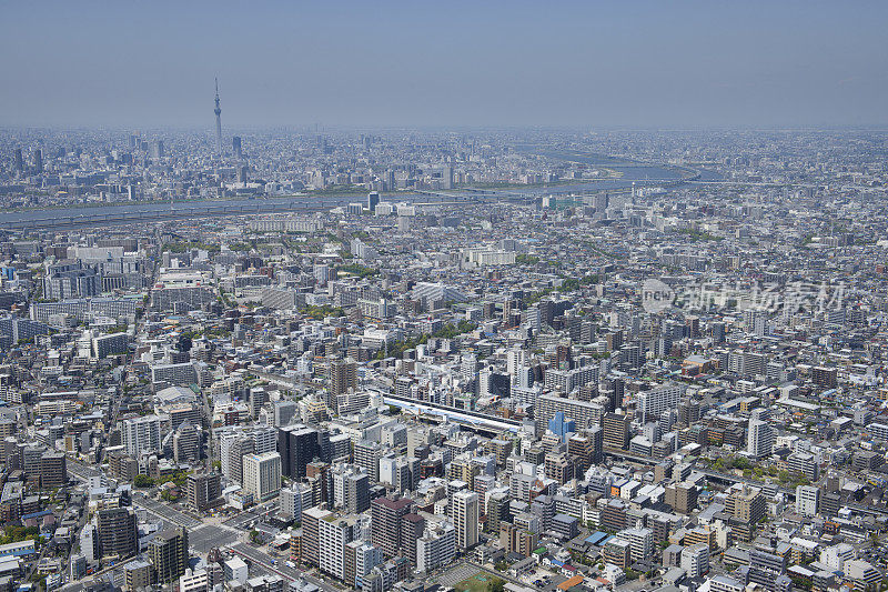 江户川，东京，从东南侧朝向天空树塔的Kasai站航拍视图