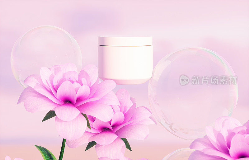化妆品面霜罐的背景是粉红色的玫瑰花和肥皂泡在梦幻的天空。三维渲染