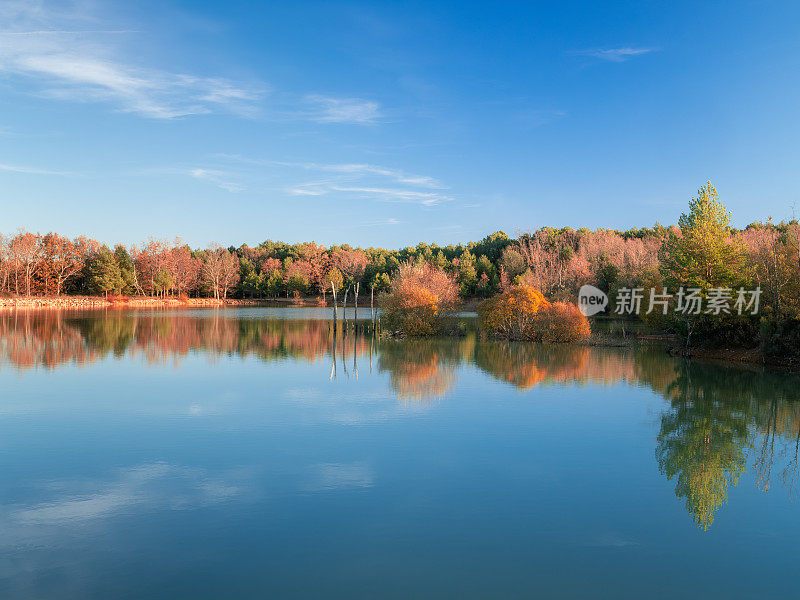 秋天树木在湖中的倒影