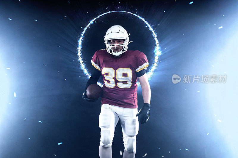 美国橄榄球运动员的霓虹灯横幅。一个以美式足球为主题的体育杂志模板。赌博广告的模型。