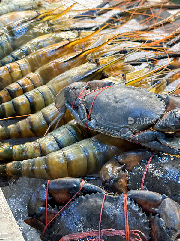 鱼市鱼贩的展板上，一排新鲜捕获的帝王虾和大绞起来的泥蟹放在碎冰上的全画幅图像