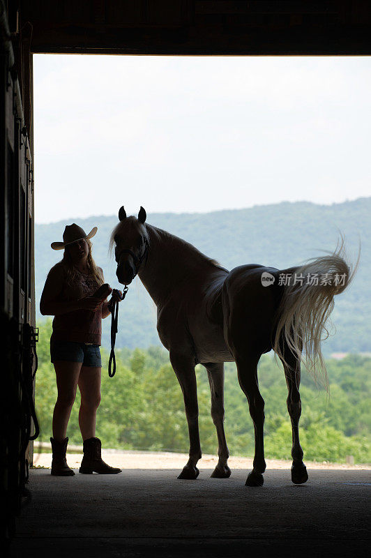 女人和马的剪影在敞开的谷仓门