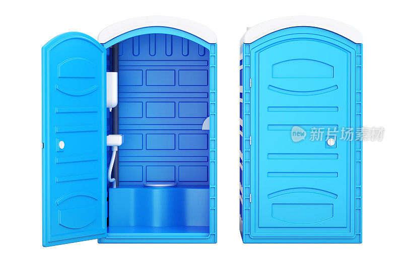 开放式和封闭式移动便携式蓝色塑料厕所，3D渲染