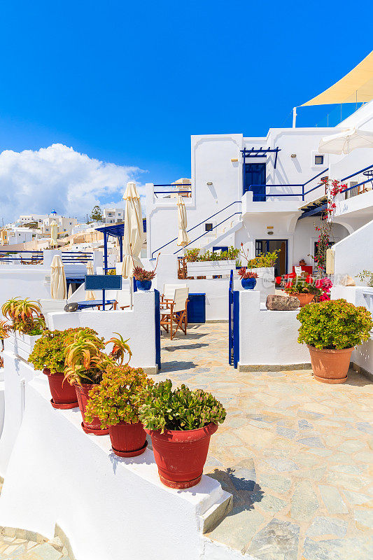 希腊圣托里尼岛，美丽的Firostefani村庄，典型的希腊房屋，有着传统的白色建筑