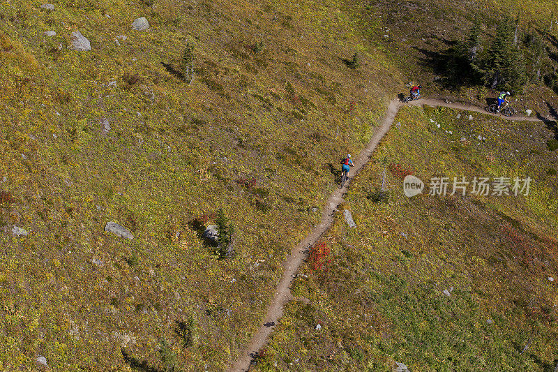 在加拿大不列颠哥伦比亚省，两名男子带着一名女子进行越野山地自行车骑行。