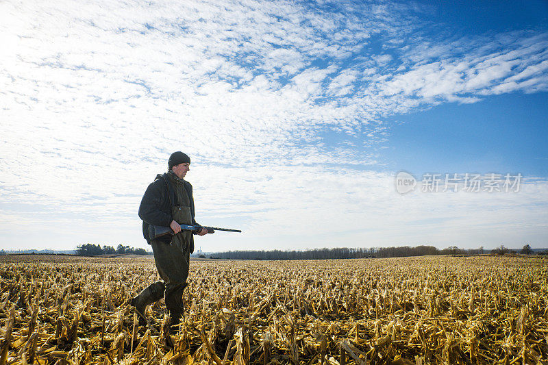 猎人拿着猎枪走在农田上