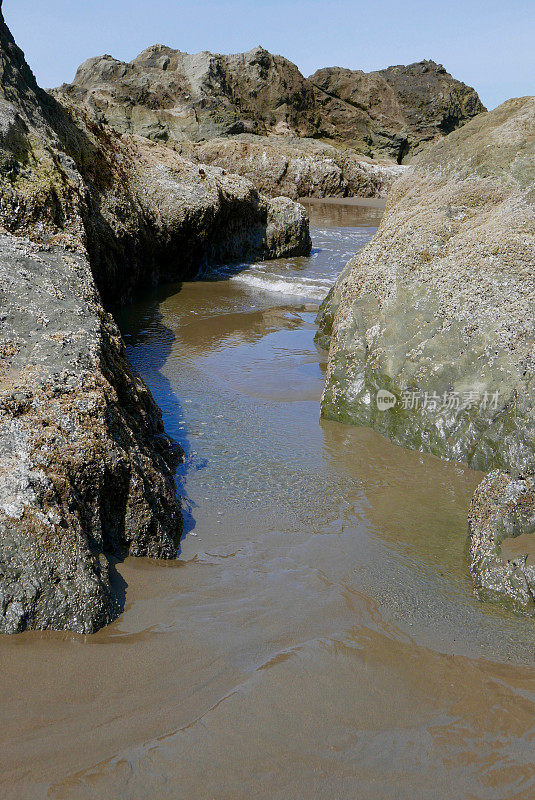 潮水在海滩上的巨石之间形成水洼
