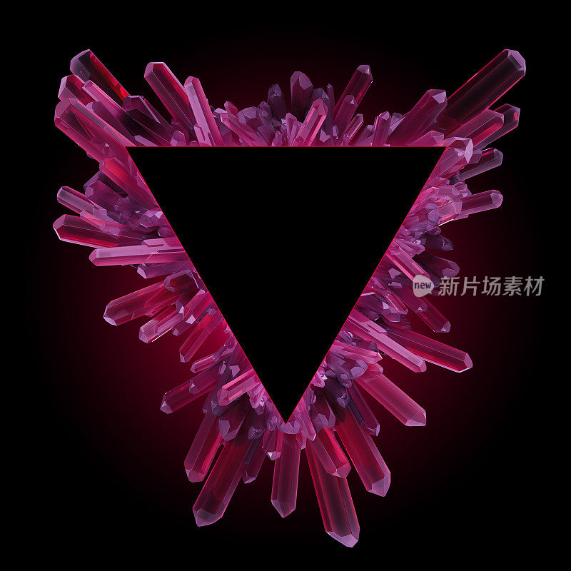 3d渲染，数字插图，抽象水晶三角形框架，现代宝石在黑色背景，红宝石