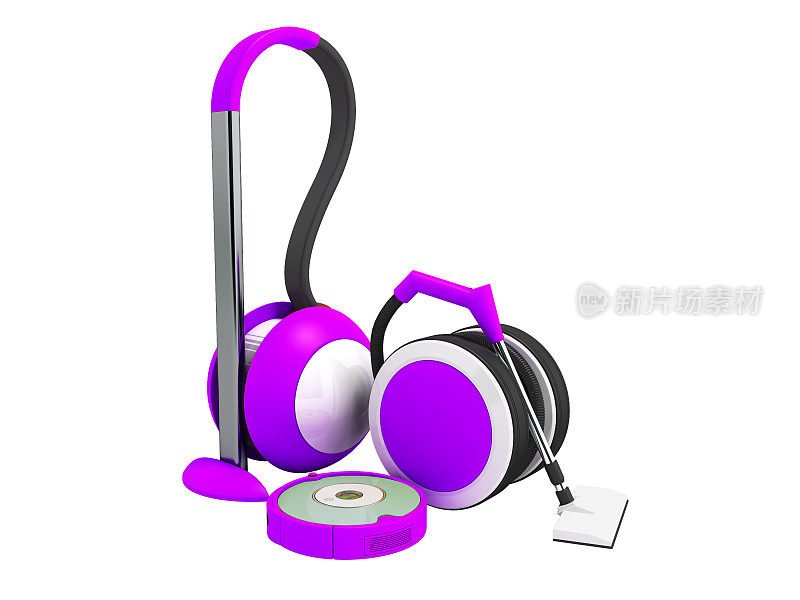 现代真空吸尘器与软管和真空吸尘器机器人紫色与白色嵌入3D渲染在白色背景上没有阴影