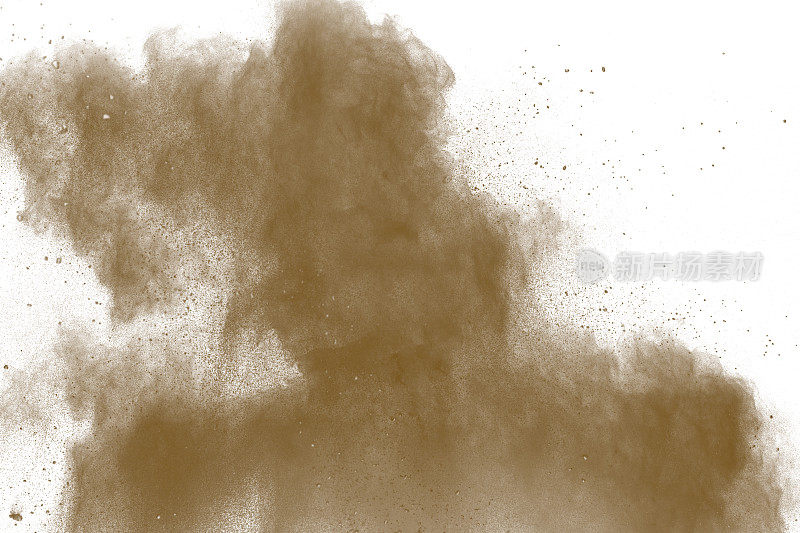 灰色粉末爆炸。特写灰色尘埃粒子飞溅孤立的背景。