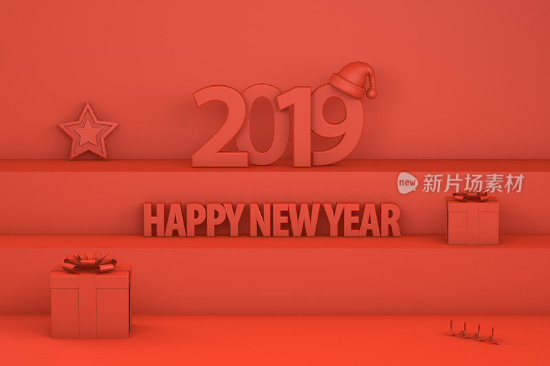 2019年新年，楼梯上有圣诞帽，红色背景上有简约圣诞概念