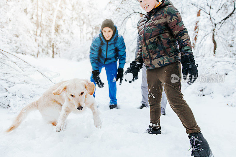 一家人和他们的狗在公园玩雪球