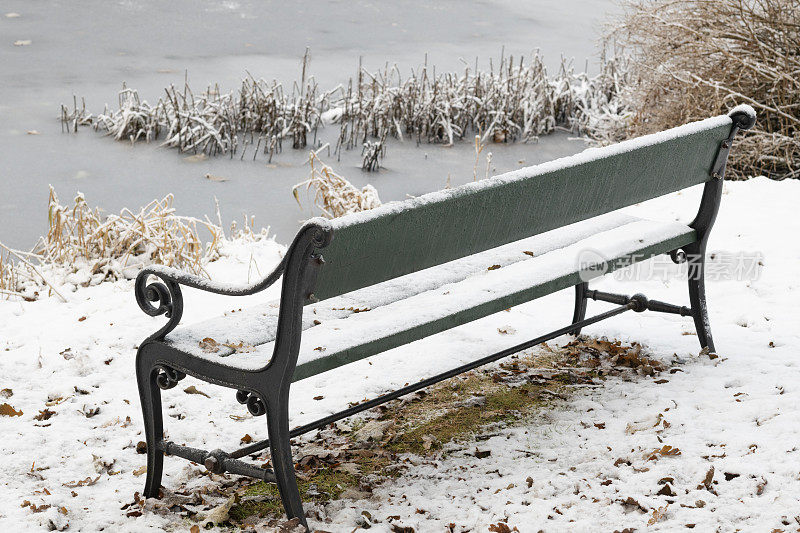 12月，公园里的冬季景观有积雪覆盖的长凳和地面，还有结冰的湖泊