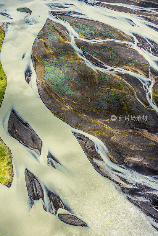 从直升飞机上拍摄的冰岛梦幻般的风景中蜿蜒流动的冰川河流