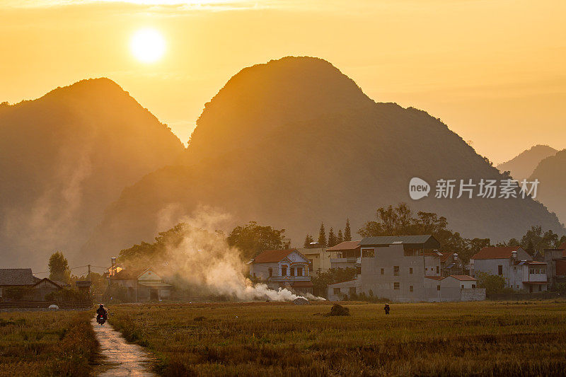 日落时分，越南北宋河谷的稻田