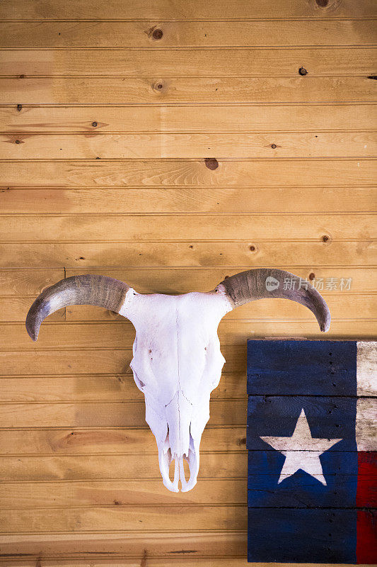 牛头骷髅和德州国旗装饰在德州小屋的墙上。