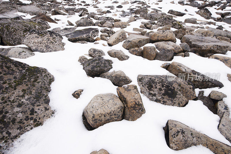 第一次降雪后的秋天，在约顿海门国家公园徒步穿越岩石地带