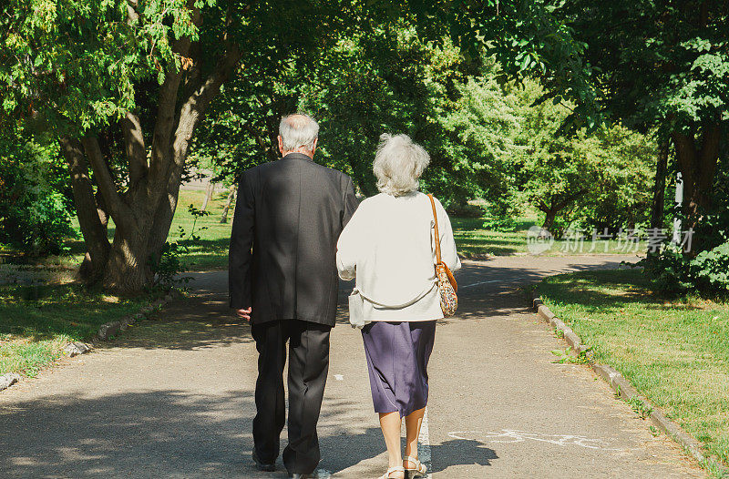 一对老夫妇在绿色的公园里散步。祖母和祖父在他们的金婚庆典上。奶奶和爷爷的结婚纪念日。五十年在一起。老人的爱情故事。