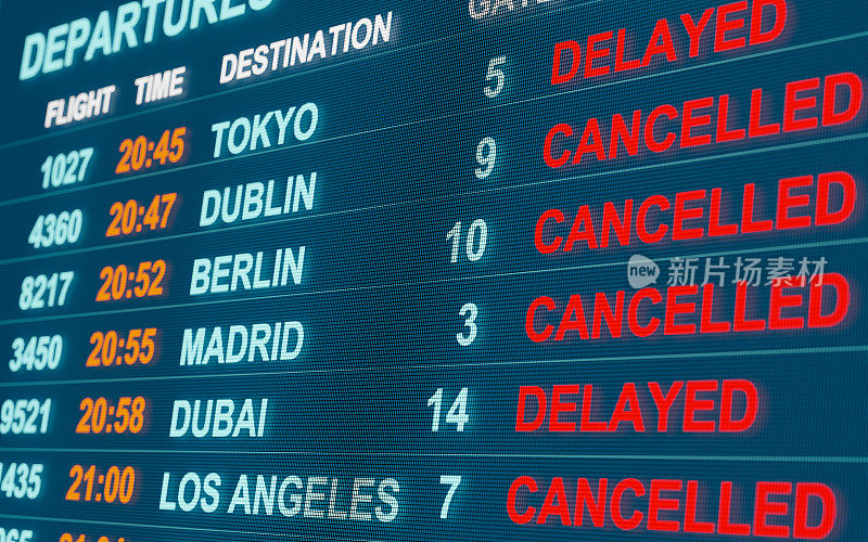 机场航班表。飞往都柏林、柏林、马德里或迪拜的航班取消。
