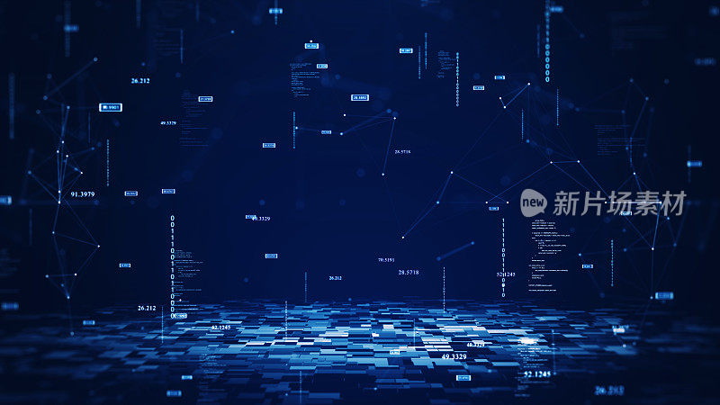 网络安全数字信息技术概念。多边形二进制码连接在深蓝色背景上。