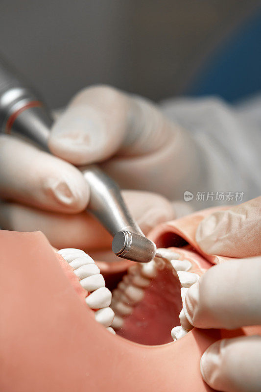 牙医的手正在学习治疗人类头部假人的牙齿的特写。医学生的双手戴着无菌白色手套，拿着牙钻。口腔医学和正畸学的概念。