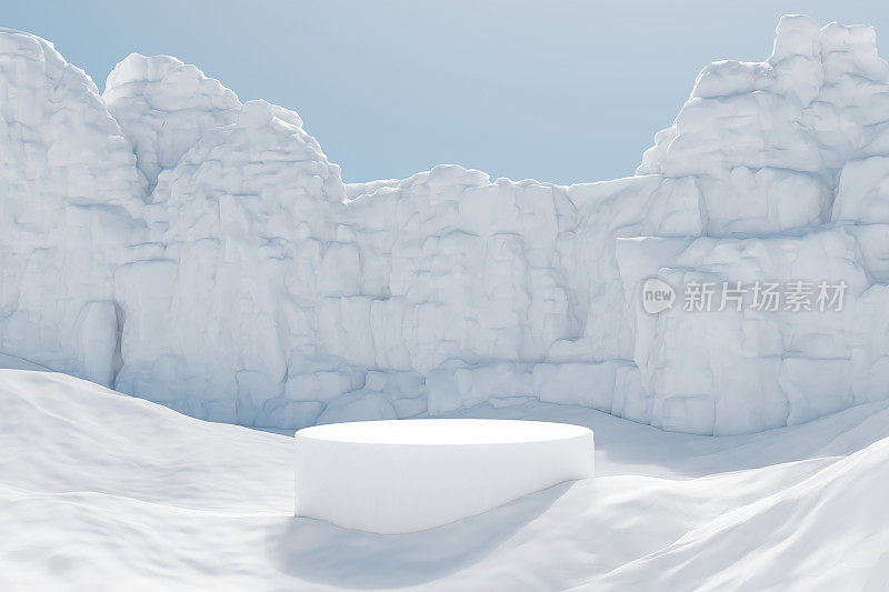 3d渲染冬季平台和自然背景，讲台上的冰雪山，背景晴朗的天空雪墙的产品展示，广告，化妆品护肤等