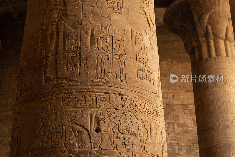 埃及埃德夫荷鲁斯神庙的圆柱。埃及的伊斯纳和阿斯旺。