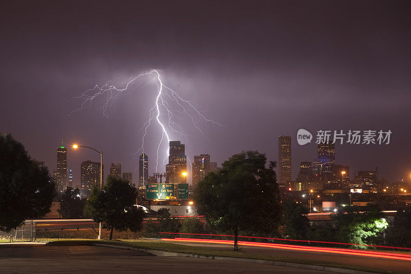 闪电风暴掠过丹佛市中心的摩天大楼
