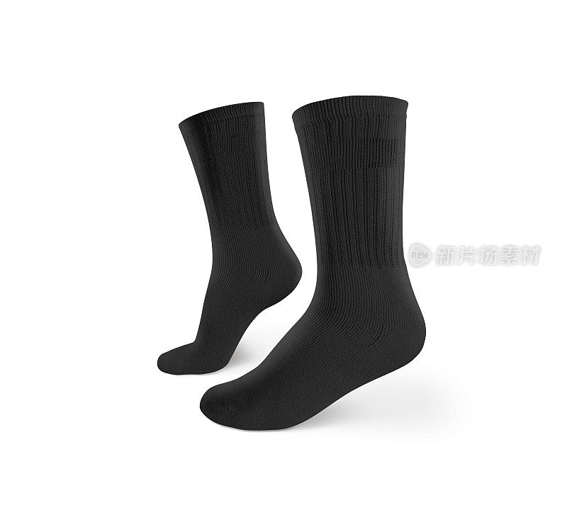 空白黑色袜子设计模型，孤立，剪切路径。