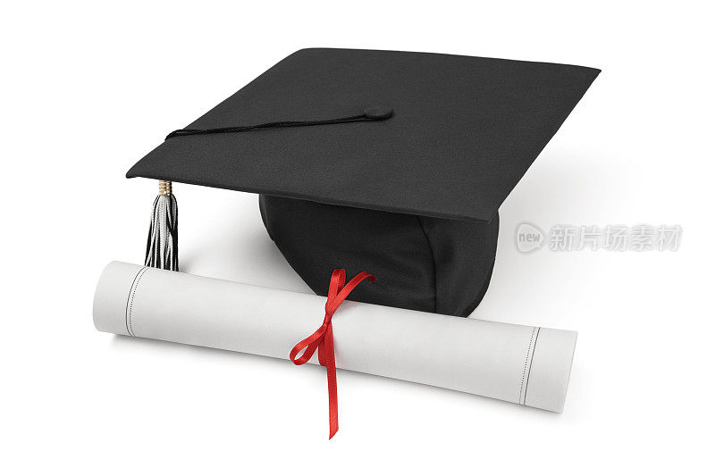 白色背景的毕业帽和毕业证书