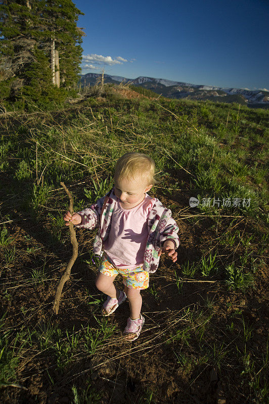 可爱的蹒跚学步的女孩在山里徒步旅行的手杖