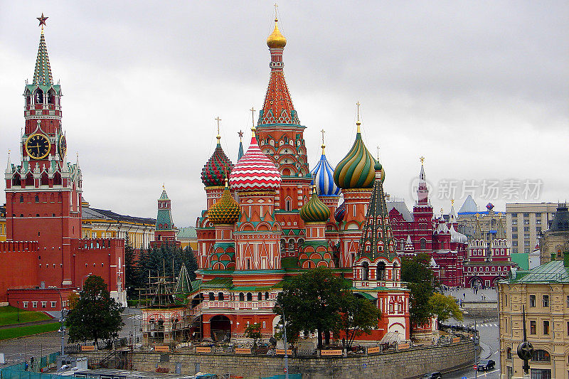 圣巴西尔大教堂，红场和克里姆林宫全景，莫斯科