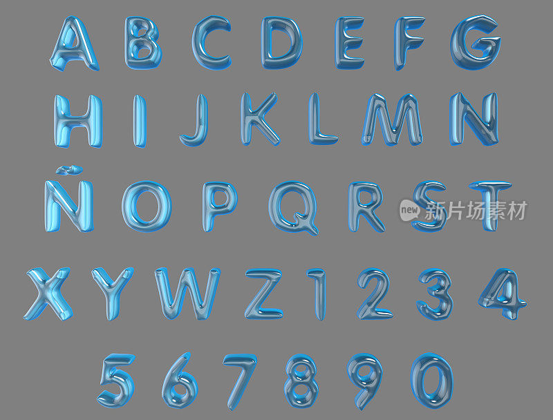 字母和数字从浅蓝色气球孤立(剪辑路径包括)在灰色背景