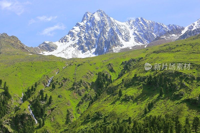 雄伟的Kaunertal南蒂罗尔雪峰山脉全景和田园诗般的Otztal泰罗尔山谷从上面，奥地利