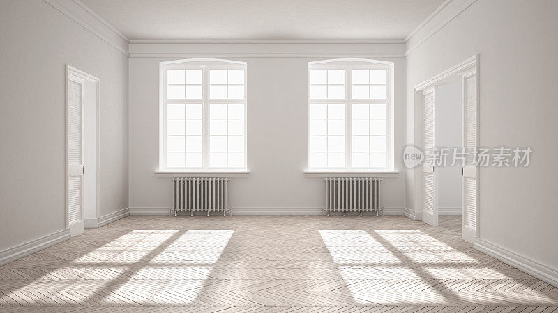 空房间，拼花地板，大窗户，门和散热器，白色室内设计