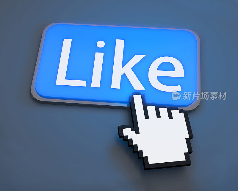 一个蓝色的社交媒体like按钮，指向箭头的手指