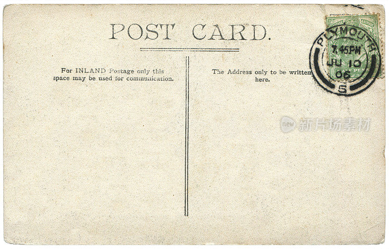 1906年从英国Polymouth的Kingston寄出的带有空白内容的老式明信片，对于英国历史上的明信片通信来说是一个非常好的背景。