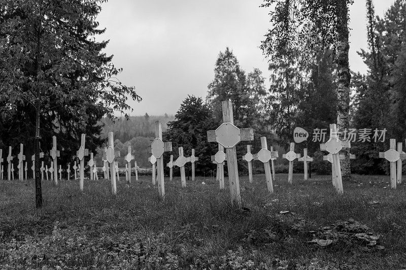 有一排排白色木制十字架的无名坟墓