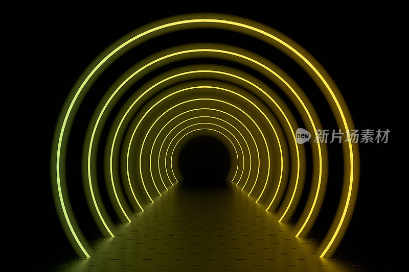 3d渲染抽象背景，圆形发光线，光隧道，霓虹灯，虚拟现实概念。