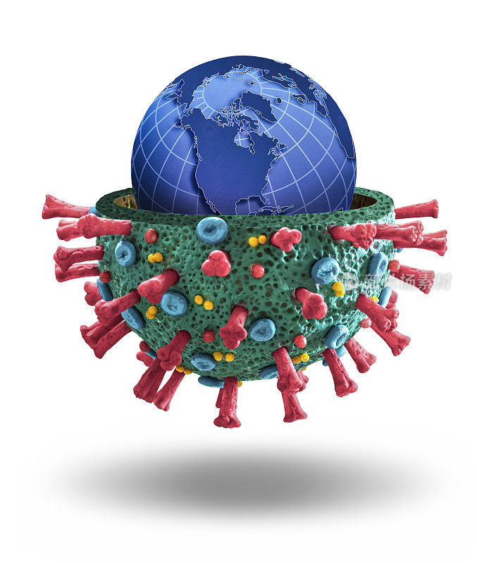 冠状病毒COVID-19微观宏观模型，里面有世界地球仪