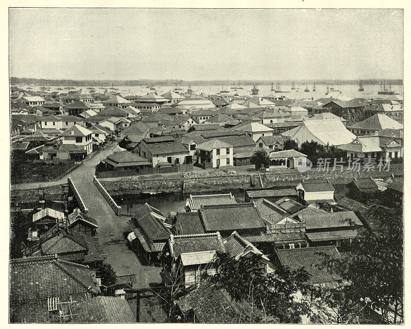 19世纪日本横滨城市景观的古董照片