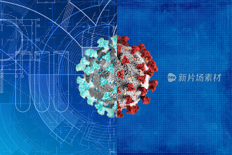 Covid-19分析研究概念插图，附有蓝图和工程图纸