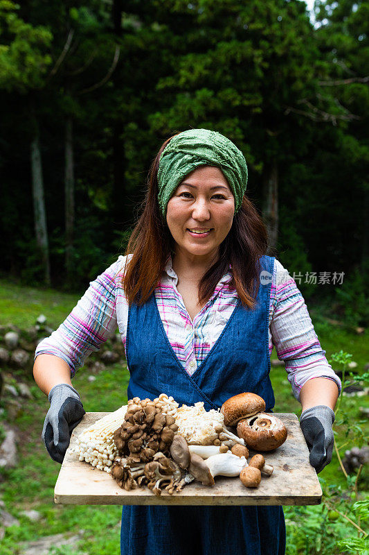 在花园外面采摘蘑菇的女人