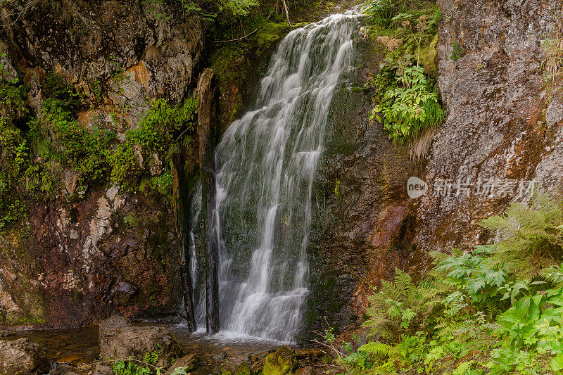 阳光明媚的日子里，森林里舒适的小瀑布。山河从悬崖上泻向岩石，水流湍急。
