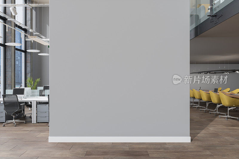 现代开放式办公室与灰色空白墙和董事会会议室与黄色椅子