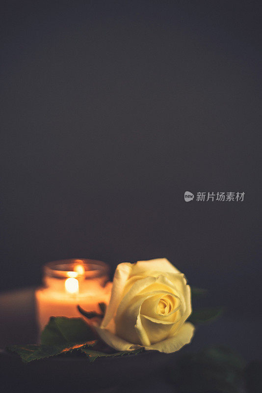 纪念燃烧的蜡烛和白玫瑰