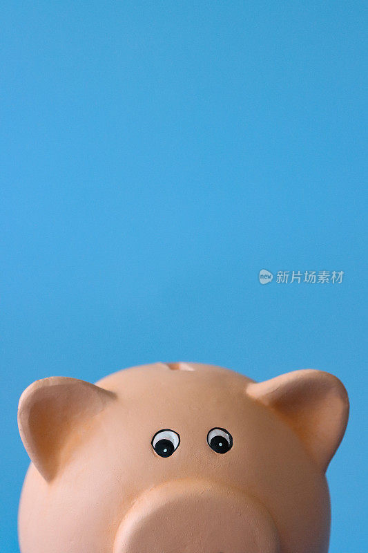 陶瓷猪的特写形象，担心的眼神，存钱罐与硬币槽在后面，重点前景，蓝色背景，家庭财务和储蓄概念，复制空间