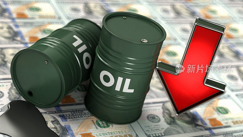 油价下跌的概念与美元堆叠桶和红箭